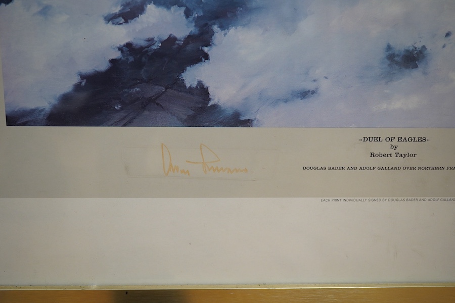 After Robert Taylor (b.1946), two colour prints comprising, ‘Duel of the Eagles’, signed by Douglas Bader and Adolf Galland, and ‘Spitfire’, first edition print signed by Douglas Bader and Air Vice Marshall Johnnie Johns